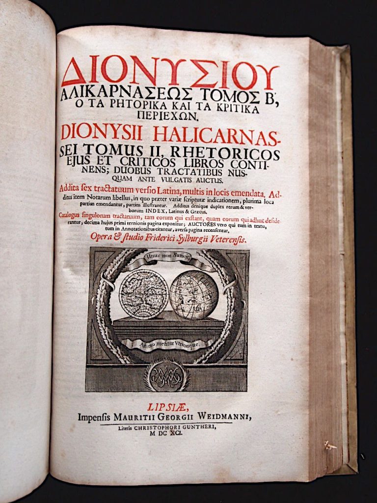 Halikarnassos Denys Dionysius: Halikarnassus-Var olan yazıların hepsi tarihsel ve retorik olarak. Kitabın sunum sayfası (1588 Orijinal tıpkı basımından)
