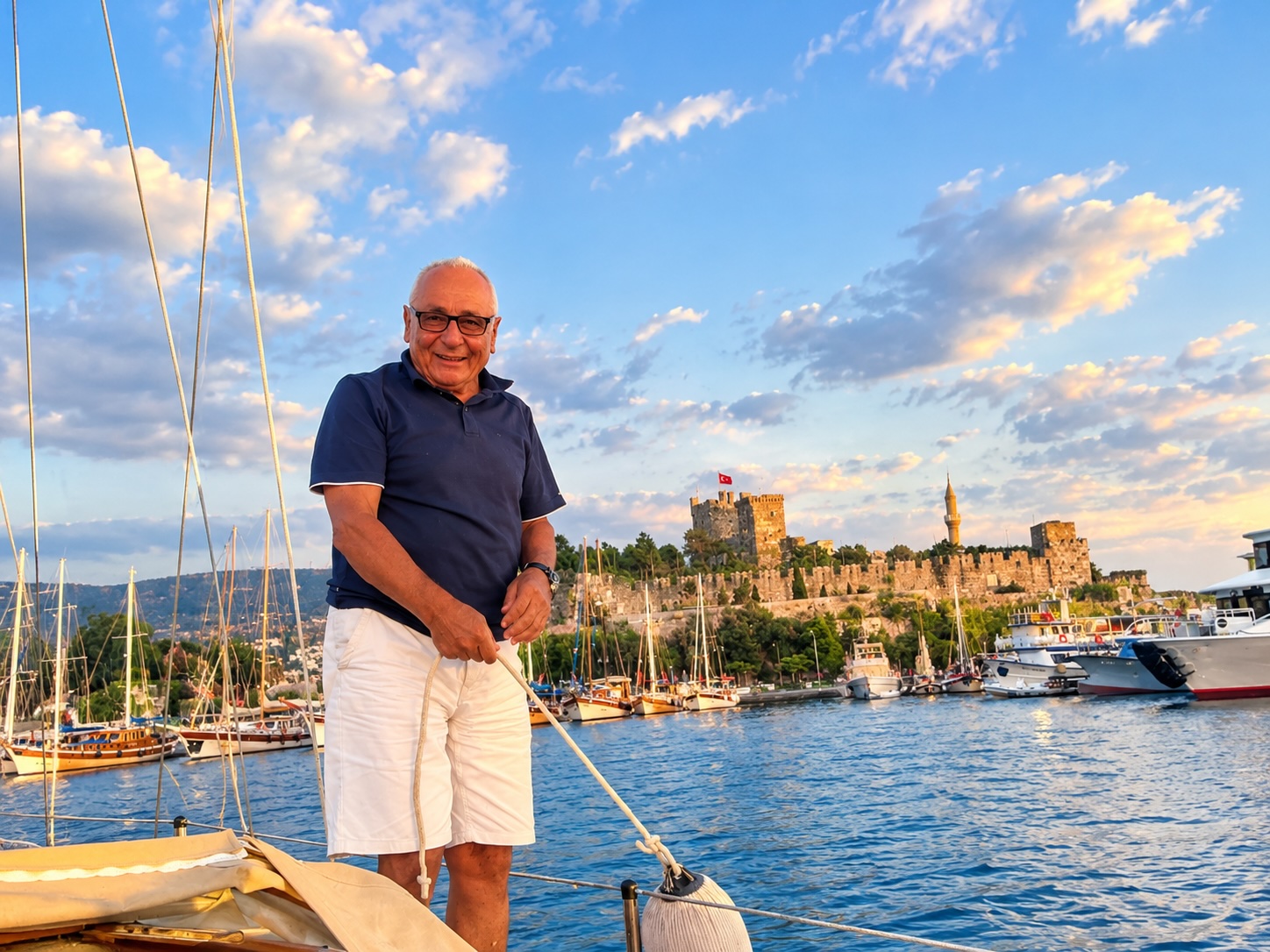 Yaşar Yıldız, Mavi Melek yelkenlisinde, Bodrum Kalesi önünde