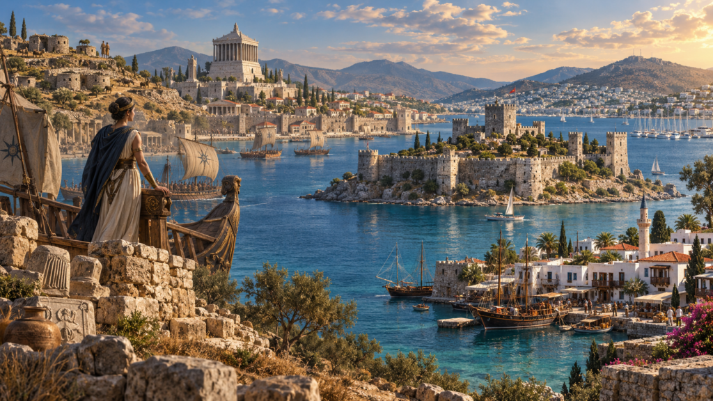 Bodrum’un üç bin yıllık tarihini, Artemisia’yı, Mausoleum’u ve Bodrum Kalesi’ni buluşturan görsel